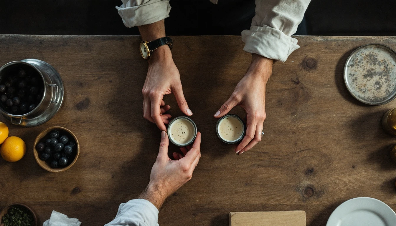 Overhead view of two people's hands moving small tasting bowls across a wooden table, lemons and berries beside them.