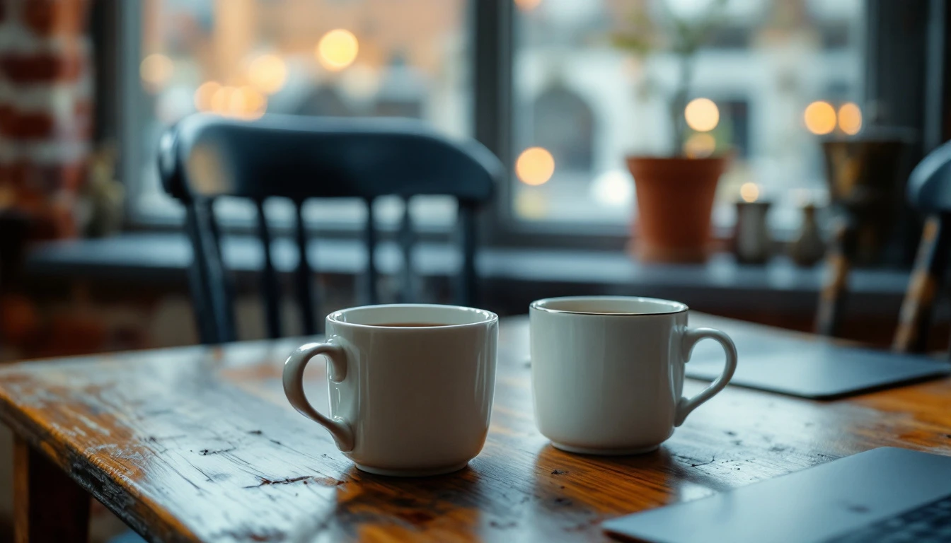 Two mugs of tea on a wooden table by a window, a chair pulled up close.