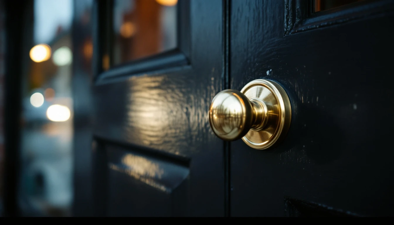 A polished brass door knob on a dark painted front door at dusk.