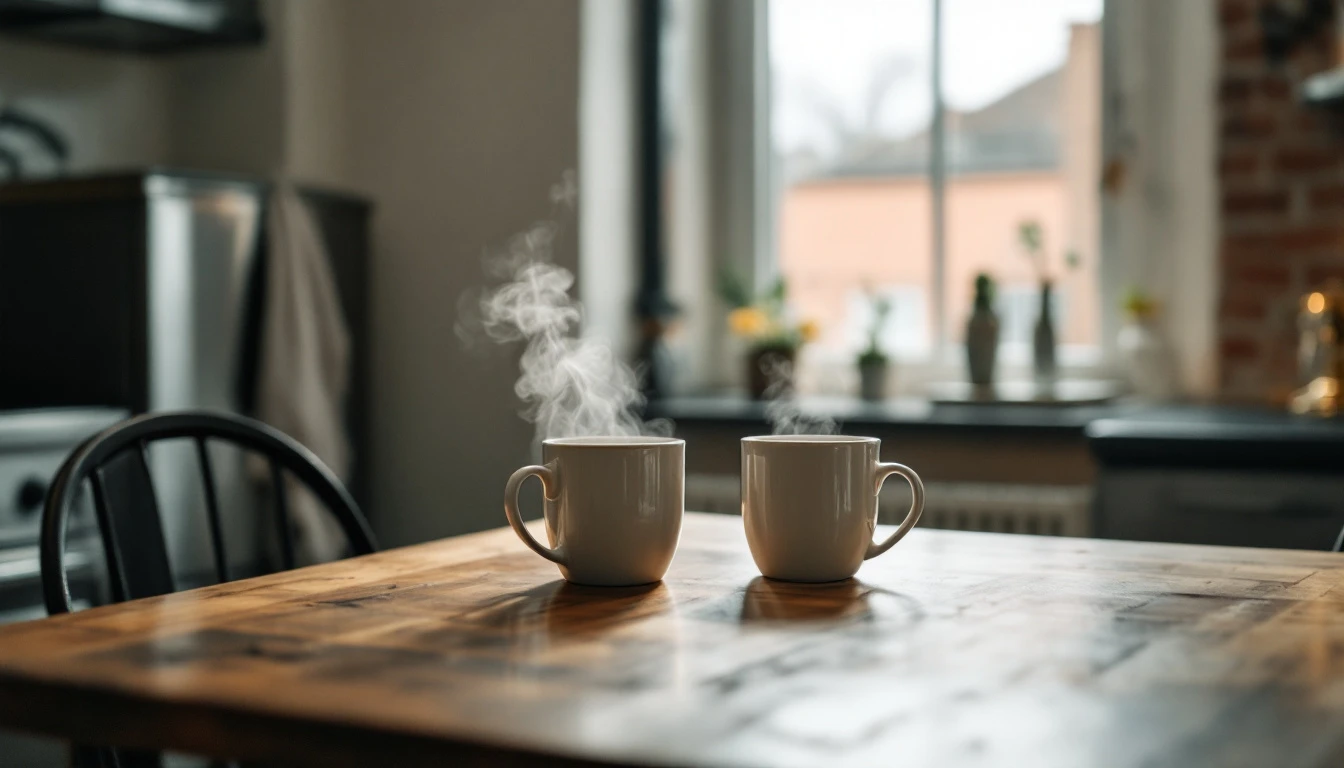 Two mugs of tea steaming on a wooden table in a kitchen, a chair pulled up, daylight through the window.