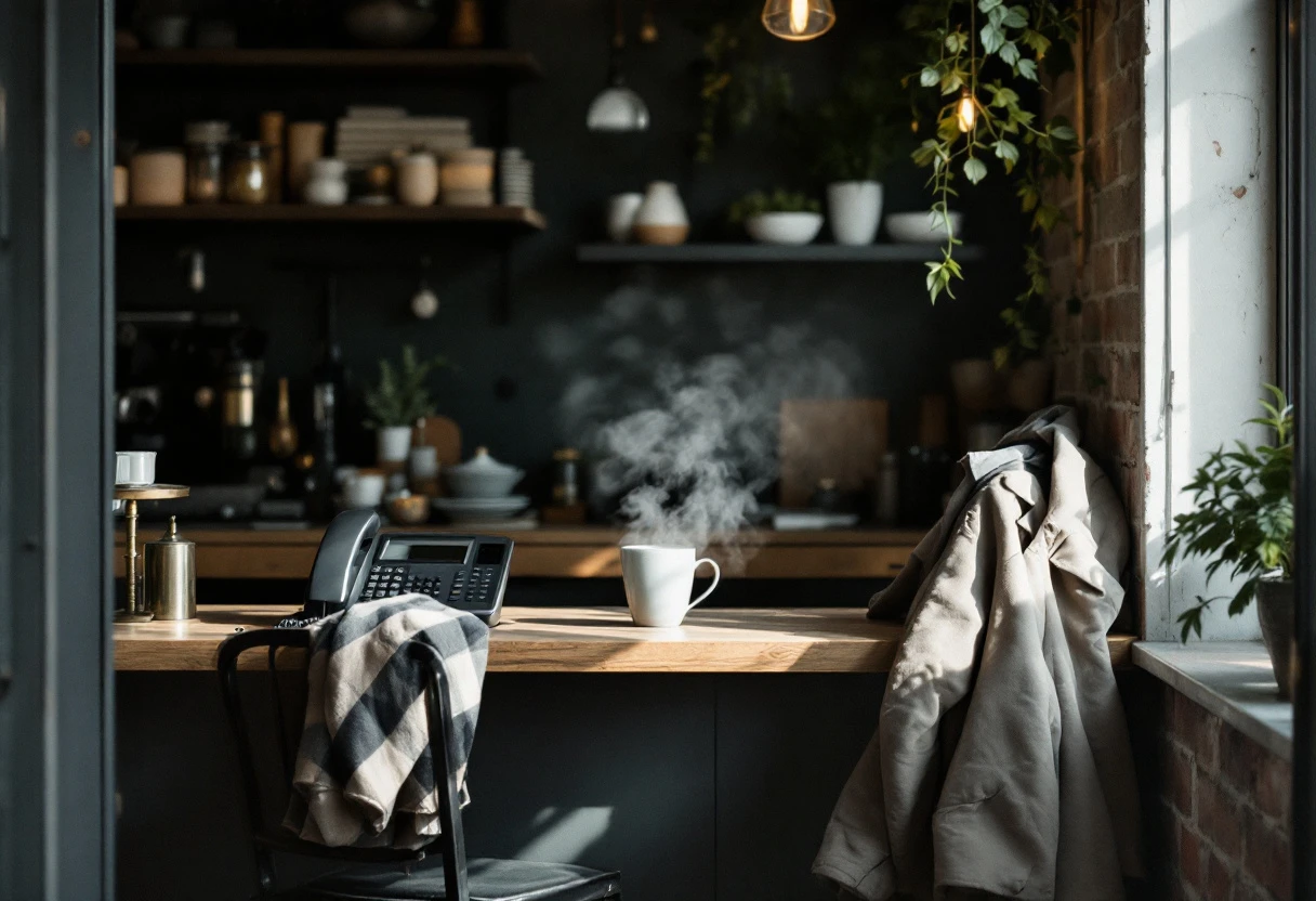 A small business front desk at opening time: a steaming mug beside a desk phone, a coat hung over the chair.