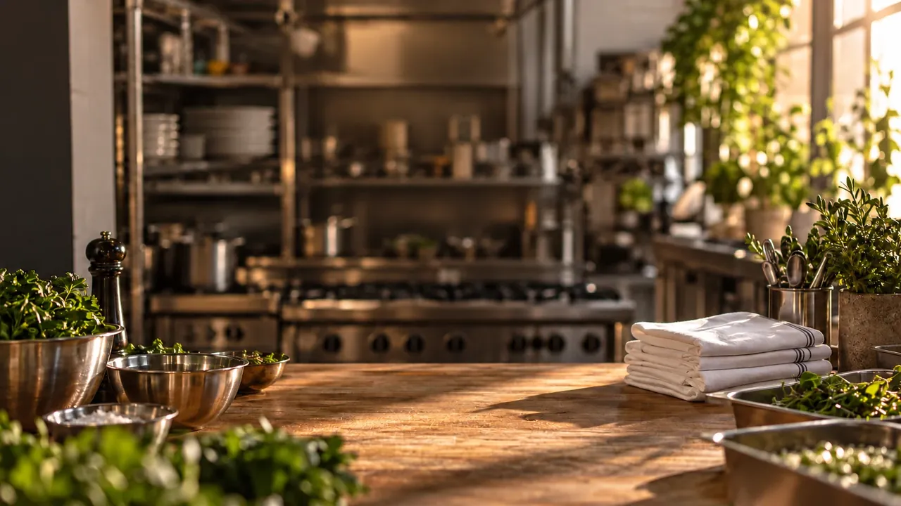 Warmly lit catering kitchen with a wooden worktop, steel bowls, fresh herbs and folded white linen.