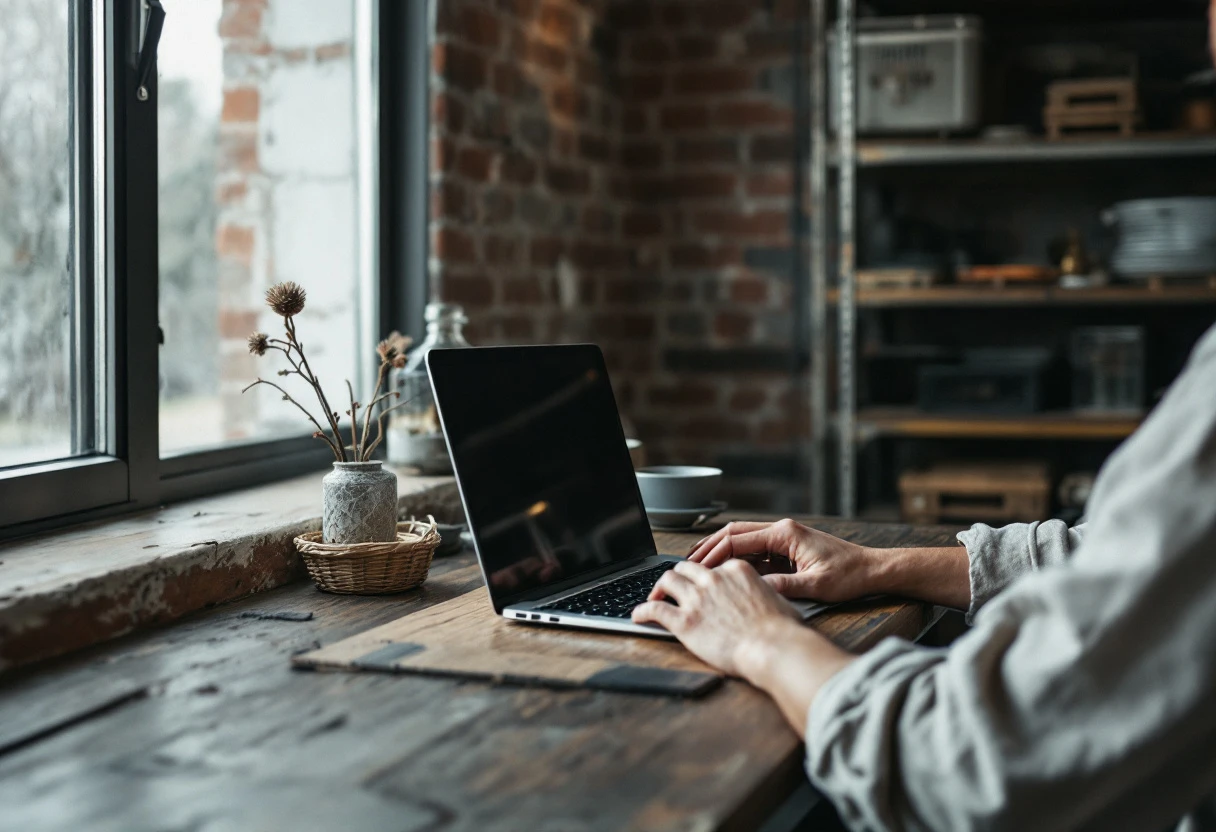 Hands resting on a laptop keyboard at a wooden table by a window, steel shelving and stacked crockery behind.