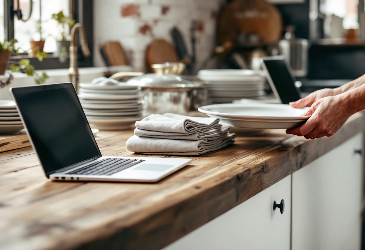 A laptop open on a wooden counter beside stacked plates and folded linen, a hand setting down a serving platter.
